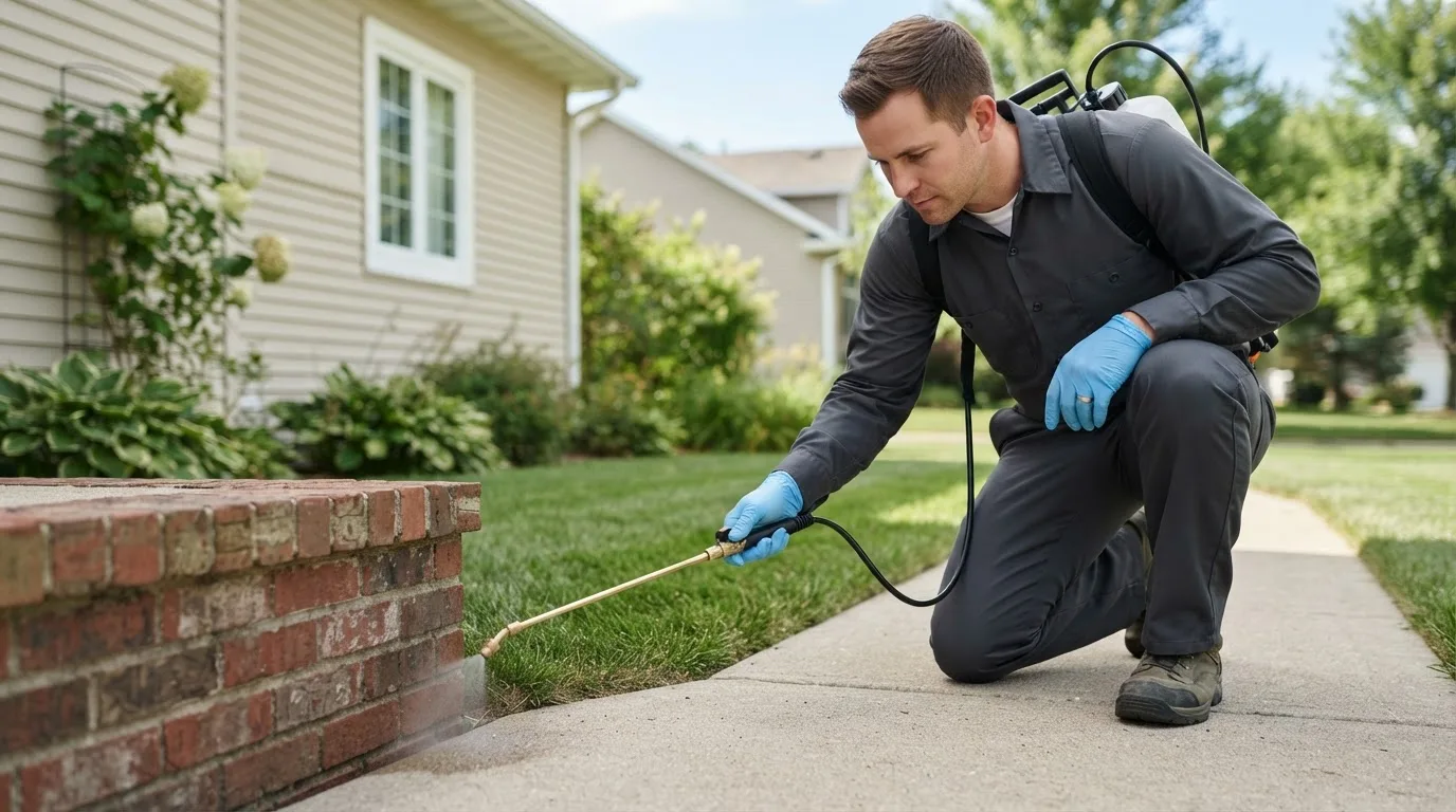 Pest control technician treating a home near Greenland, NH