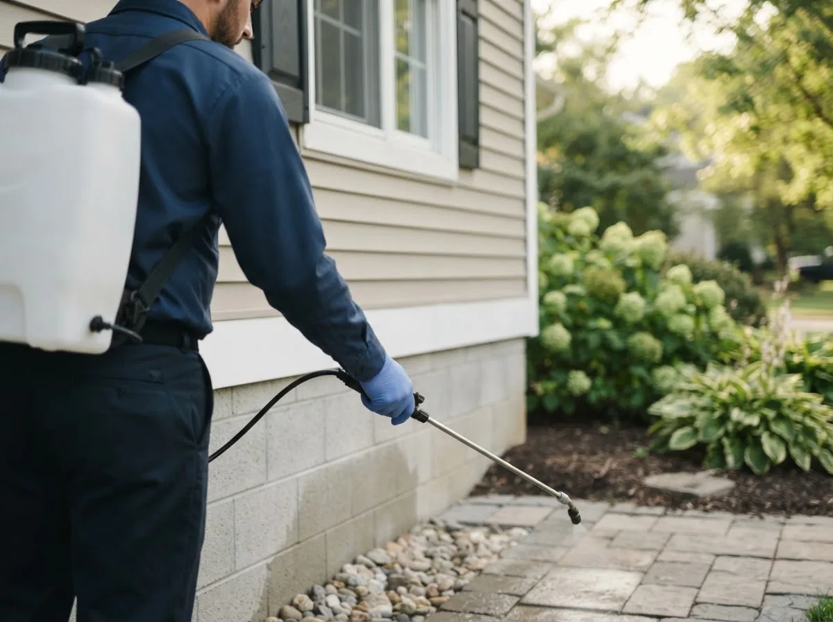 Pest control technician inspecting a home in Greenland, NH